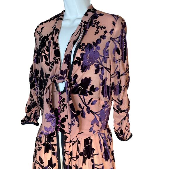 Unique Vintage Royal Purple and Tan Velvet Burnout Tallulah Duster M 6 8 NWOT - Picture 3 of 11